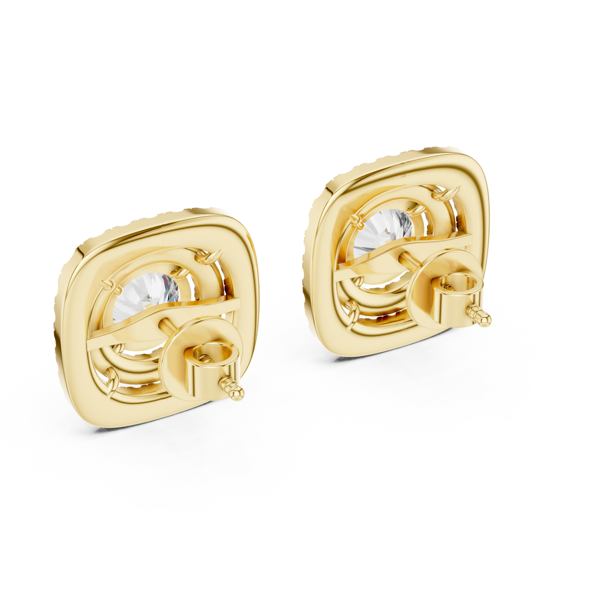  Gold Cushion Double Halo Studs Side View