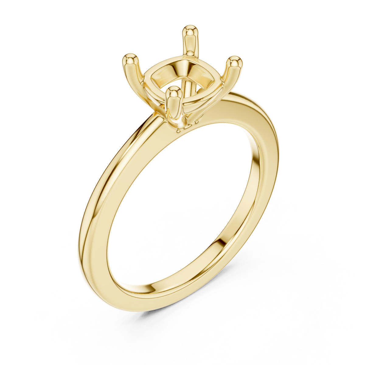 Cushion flat-edge solitaire engagement ring yellow gold angle view