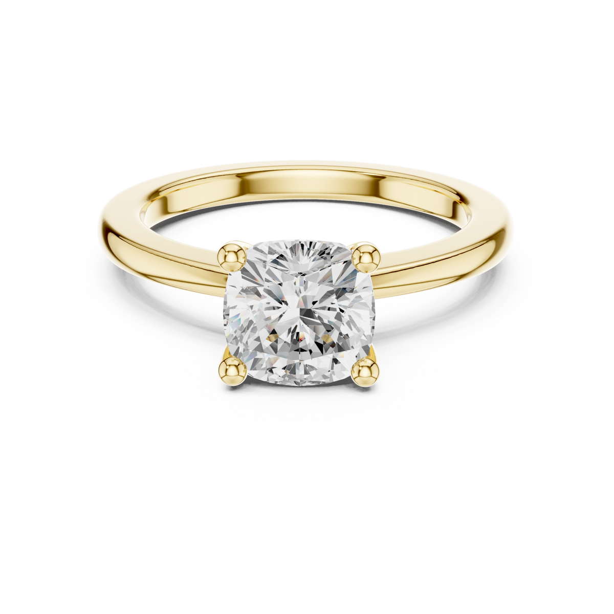 Cushion flat-edge solitaire engagement ring yellow gold detail view