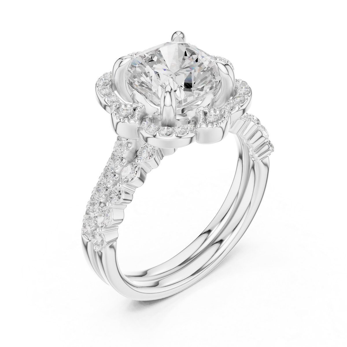 Cushion floral crown bridal set white gold front view