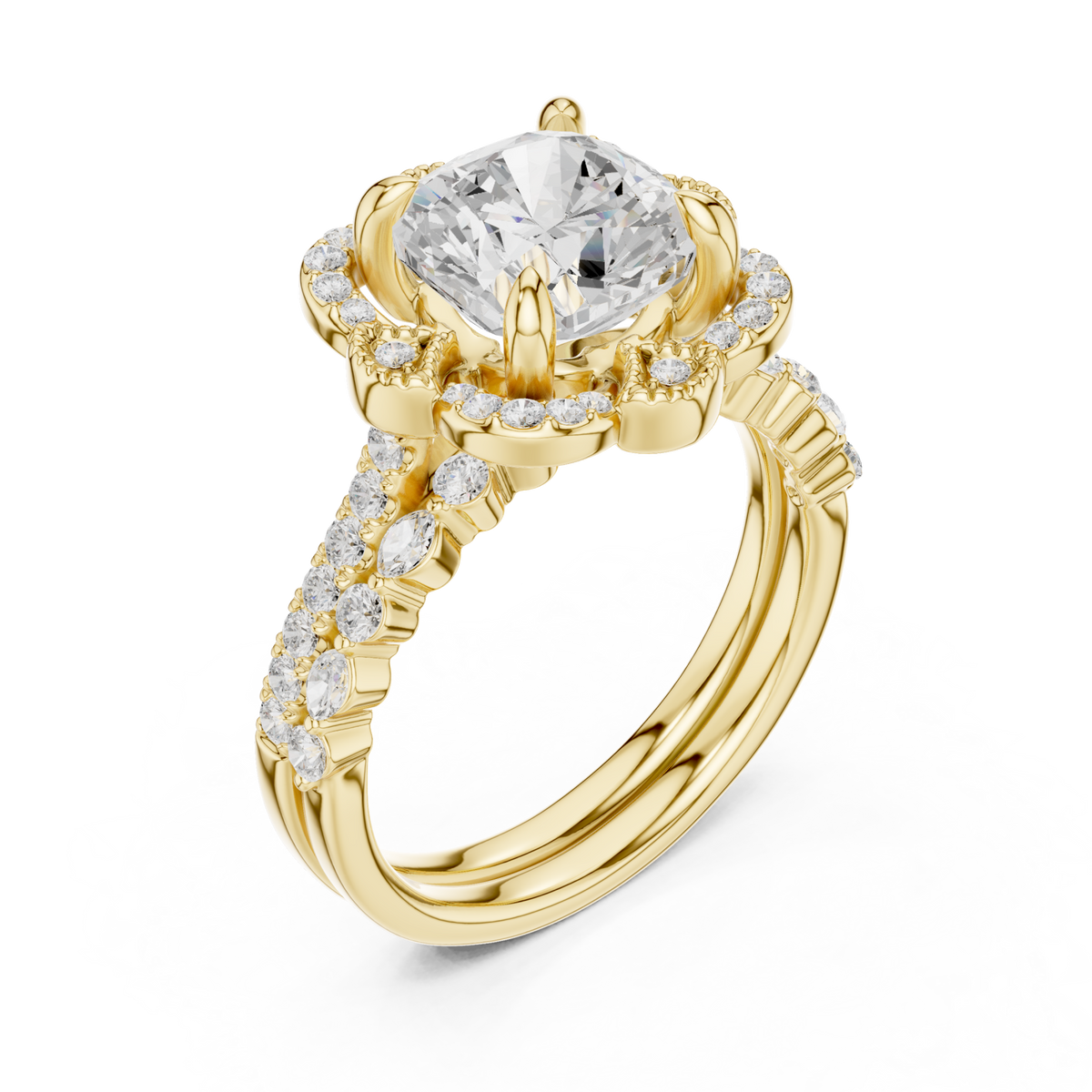 Cushion floral crown bridal set yellow gold front view