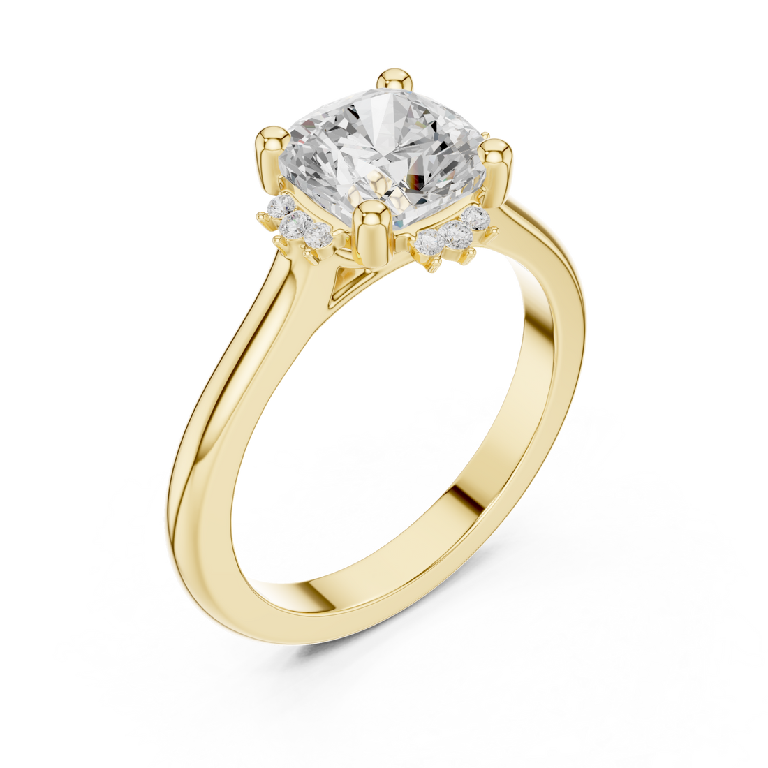 Cushion floral halo engagement ring yellow gold front view