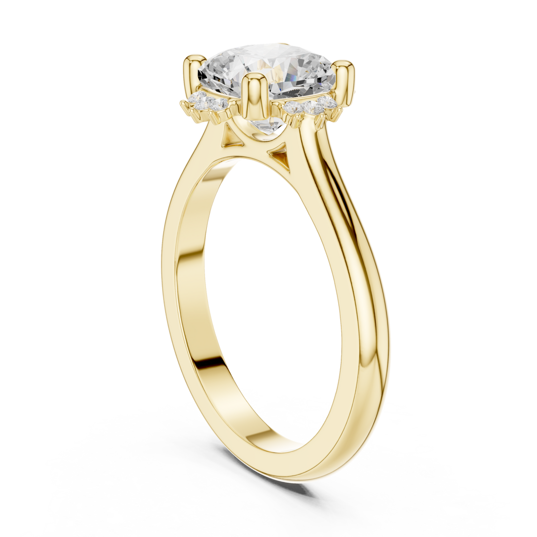 Cushion floral halo engagement ring yellow gold front view