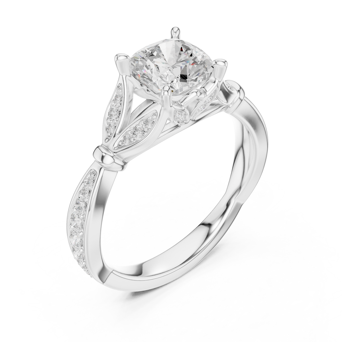Cushion floral leaf pave engagement ring white gold angle view