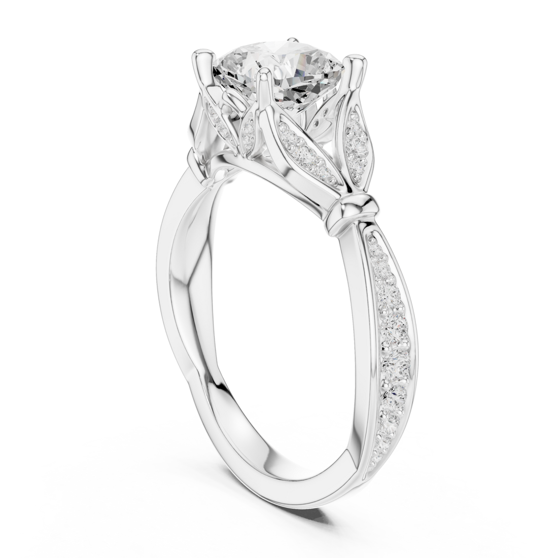 Cushion floral leaf pave engagement ring white gold front view