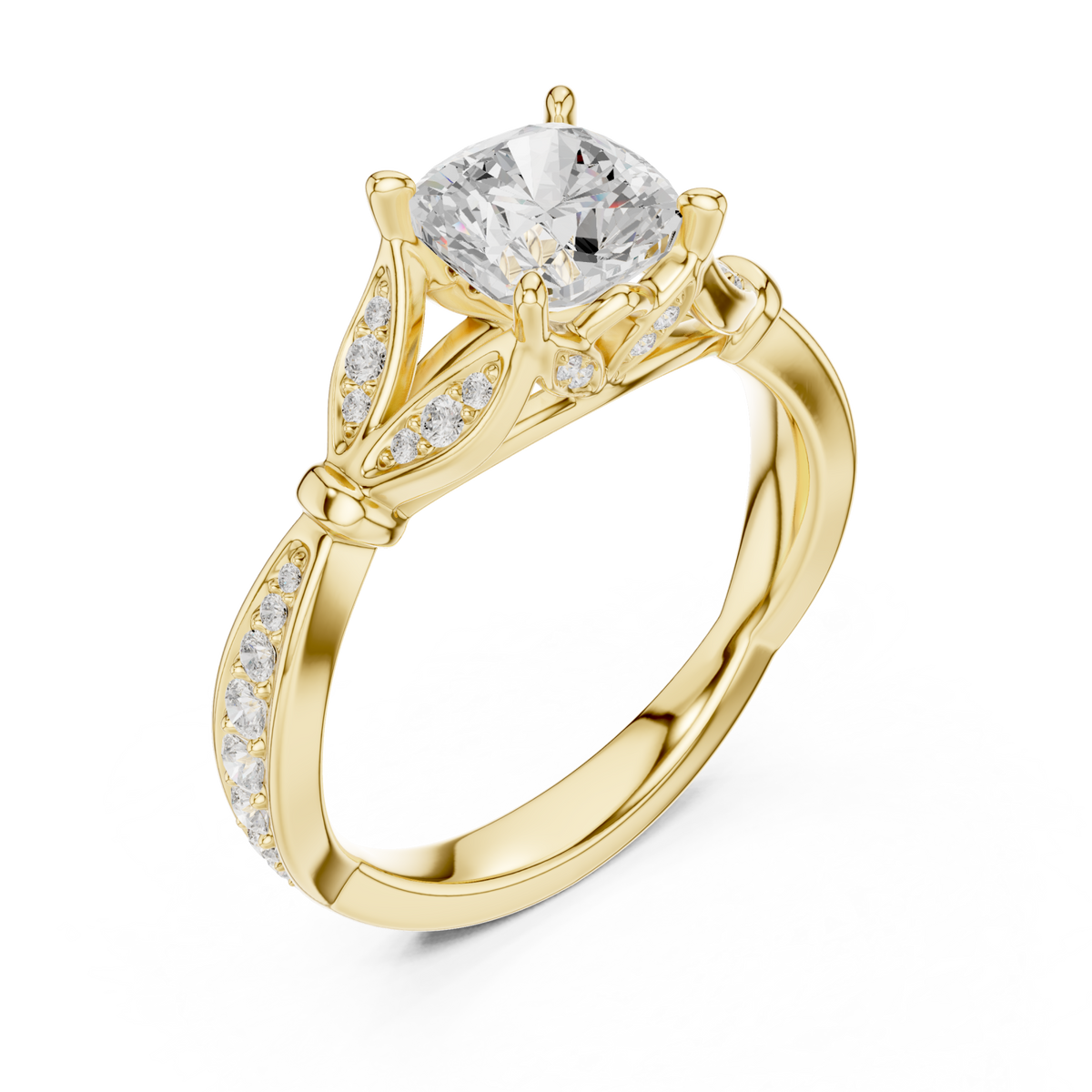 Cushion floral leaf pave engagement ring yellow gold angle view
