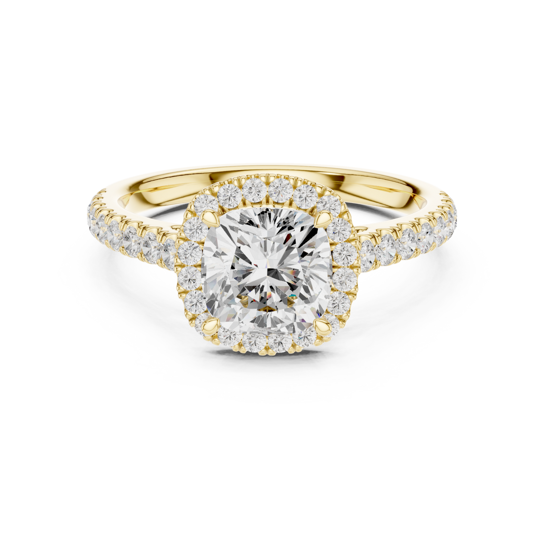 Cushion french pave halo engagement ring yellow gold side view