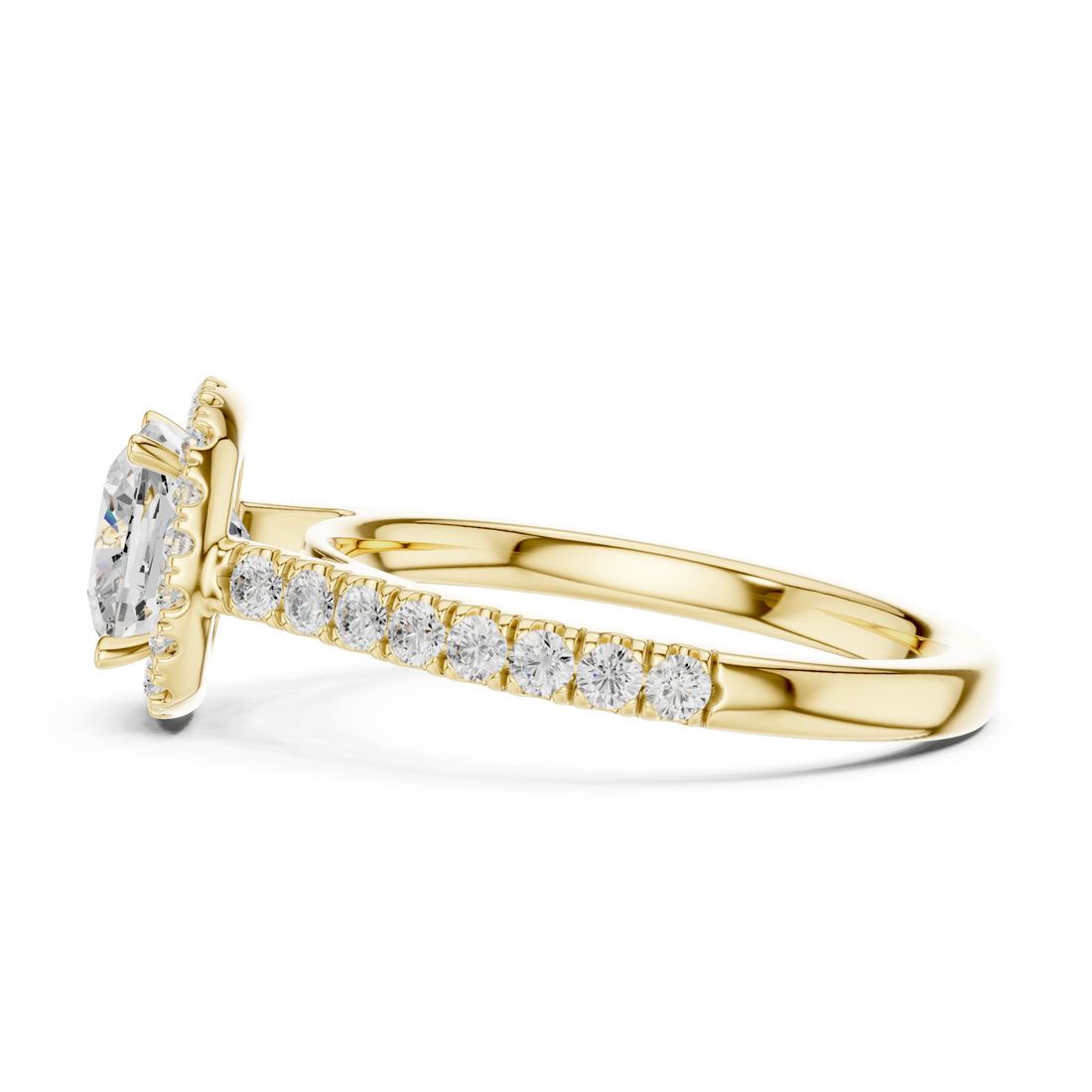 Cushion french pave halo engagement ring yellow gold side view