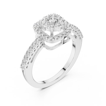 Cushion halo bypass diamond cluster ring white gold front view