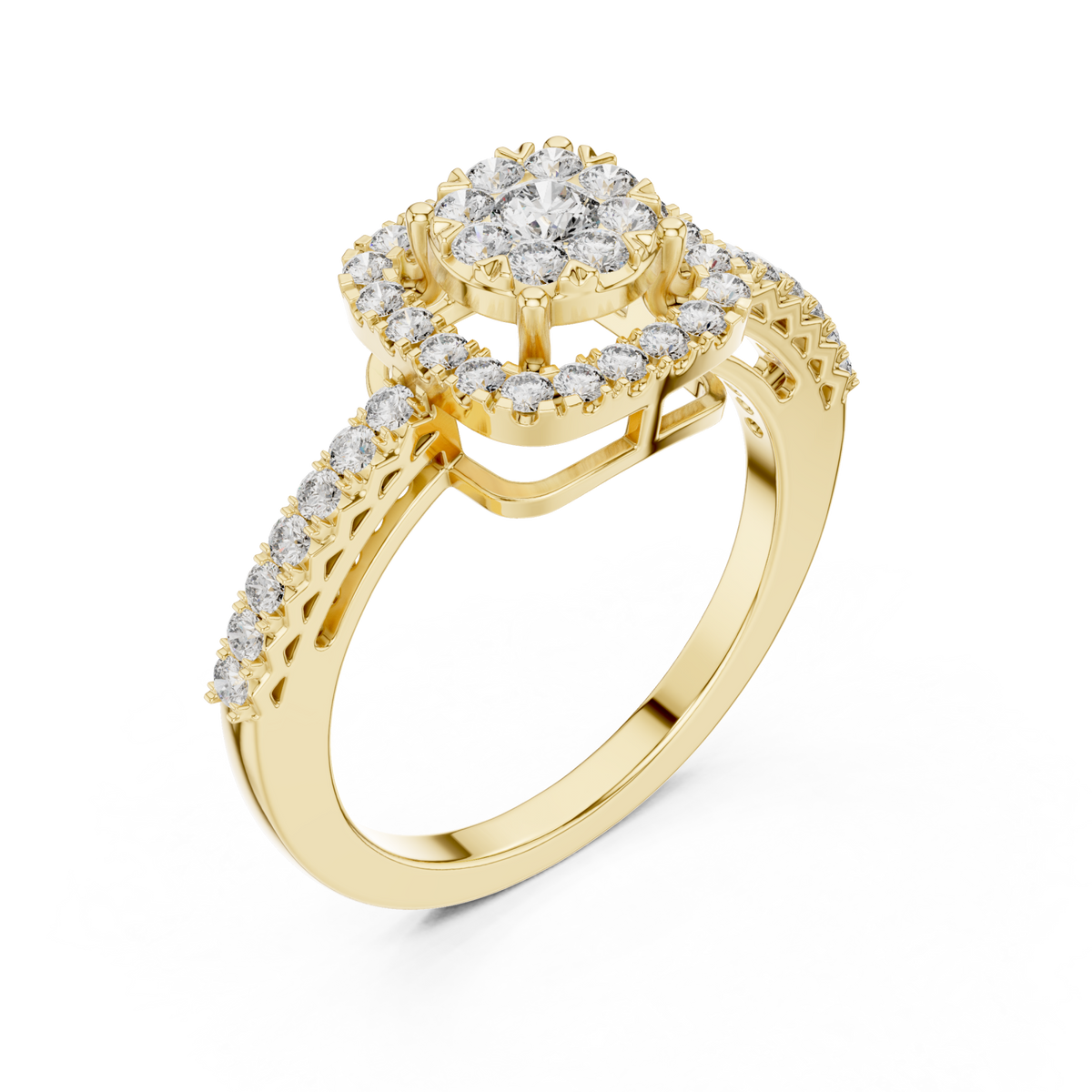 Cushion halo bypass diamond cluster ring yellow gold front view