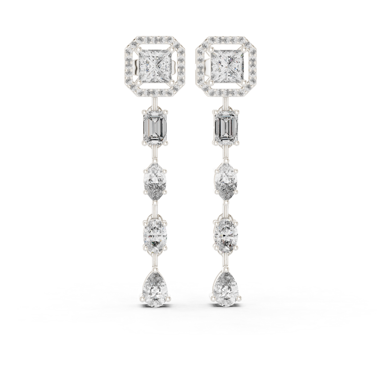  White Gold Cushion Halo Mixed-Cut Cascade Drops Front View
