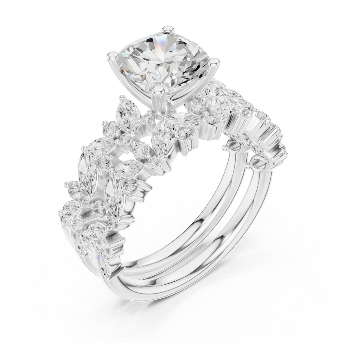 Cushion marquise cluster bridal set white gold front view