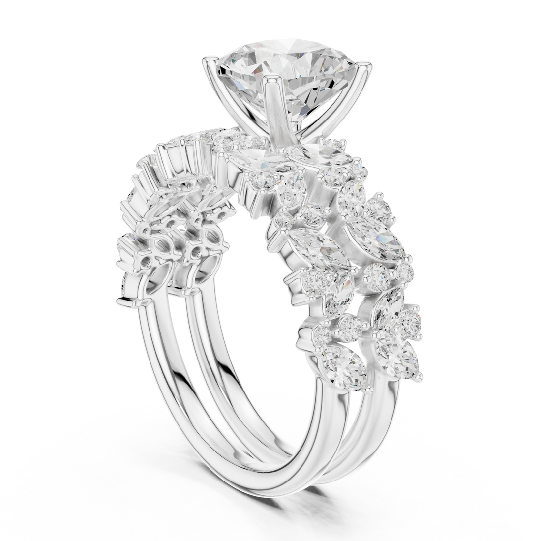Cushion marquise cluster bridal set white gold front view