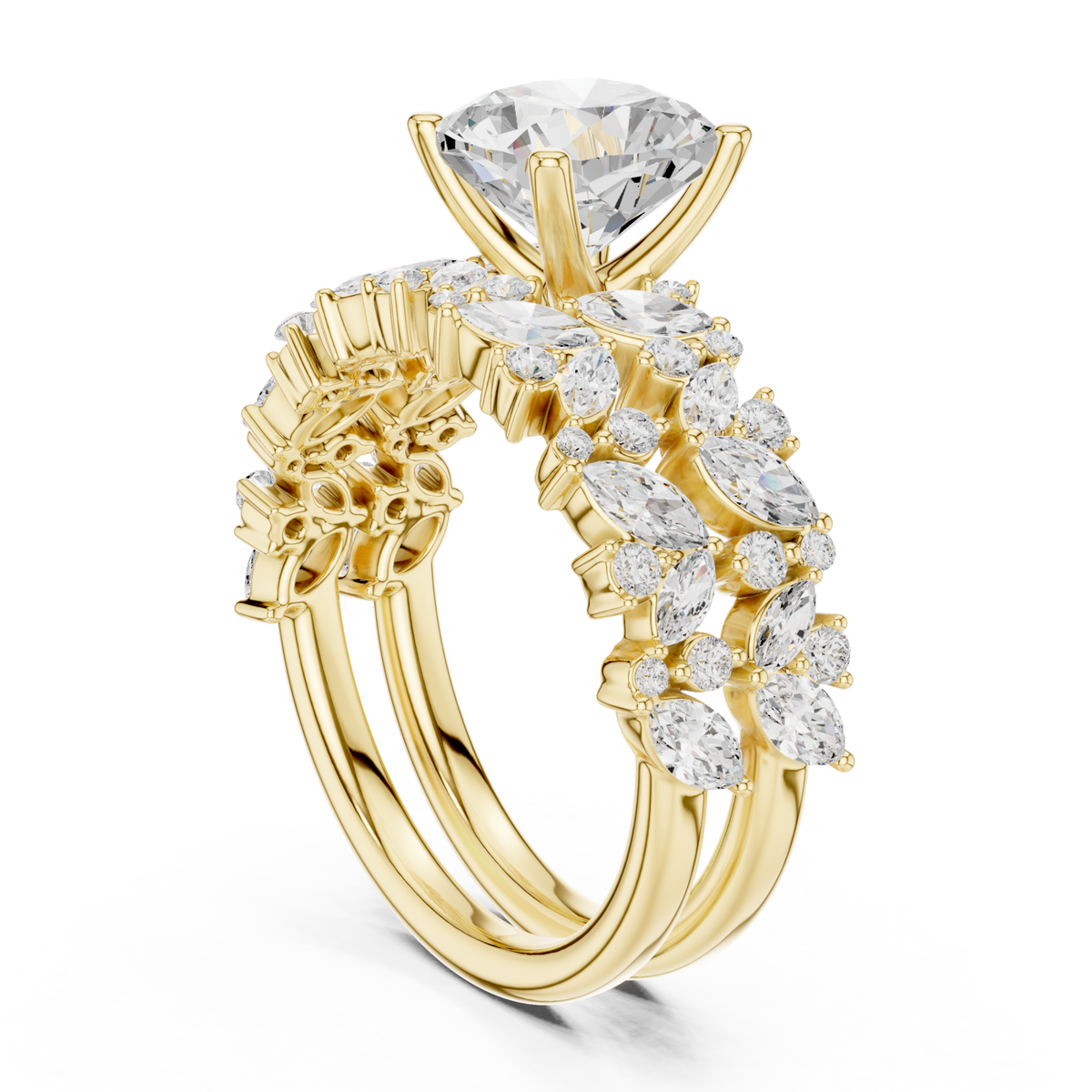 Cushion marquise cluster bridal set yellow gold front view