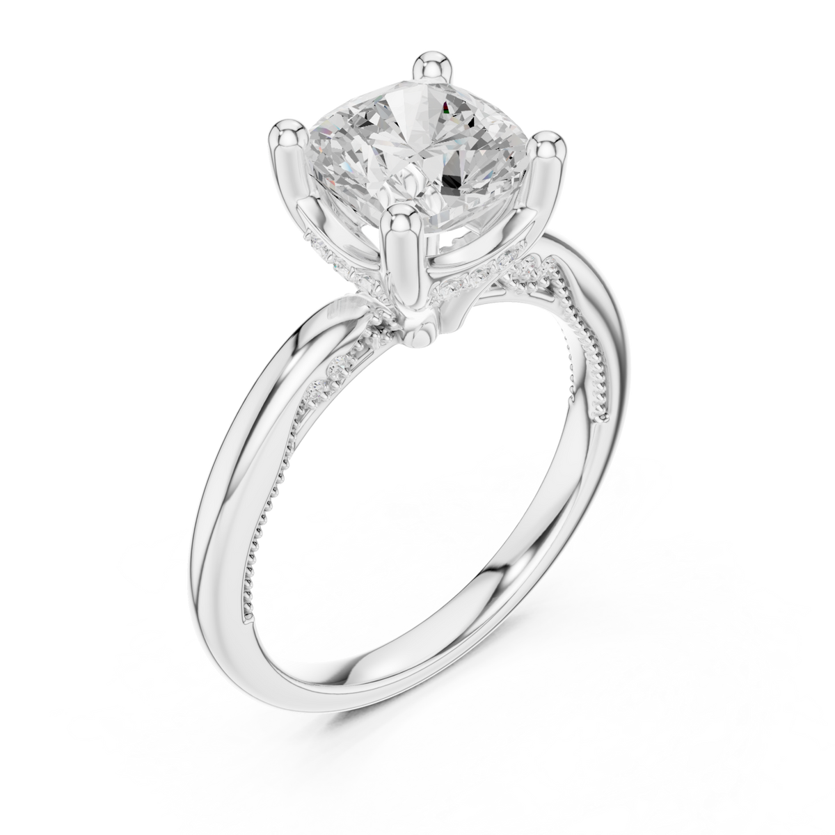 Cushion milgrain accent solitaire engagement ring white gold angle view