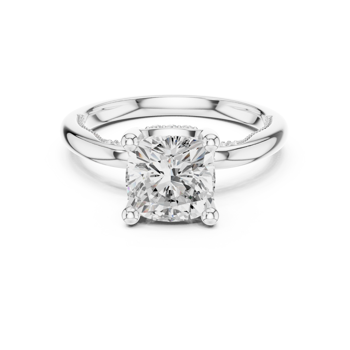 Cushion milgrain accent solitaire engagement ring white gold detail view