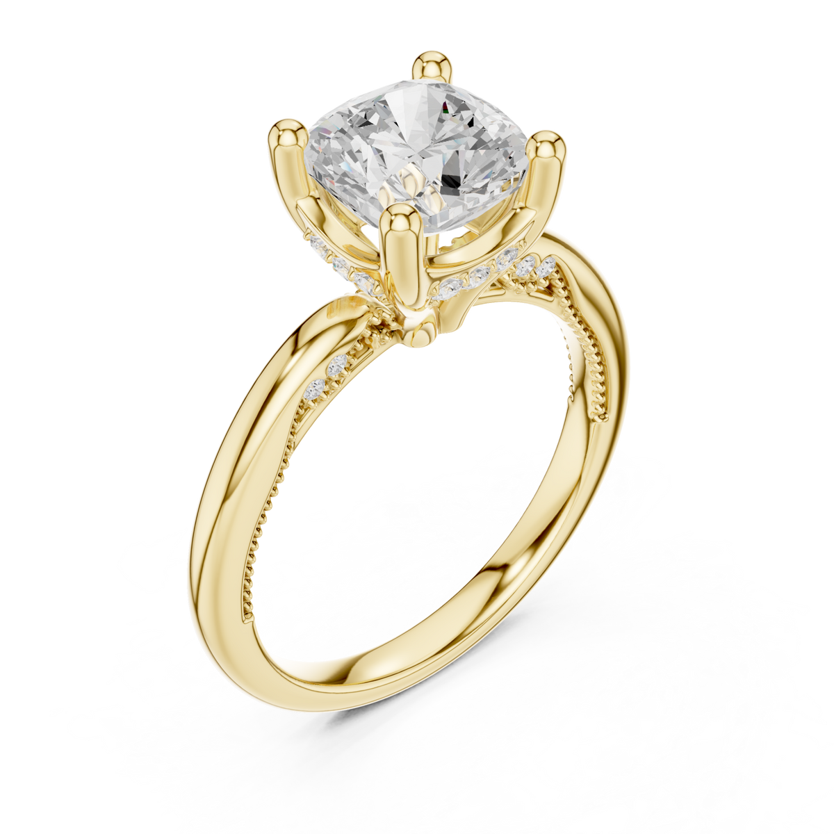 Cushion milgrain accent solitaire engagement ring yellow gold angle view