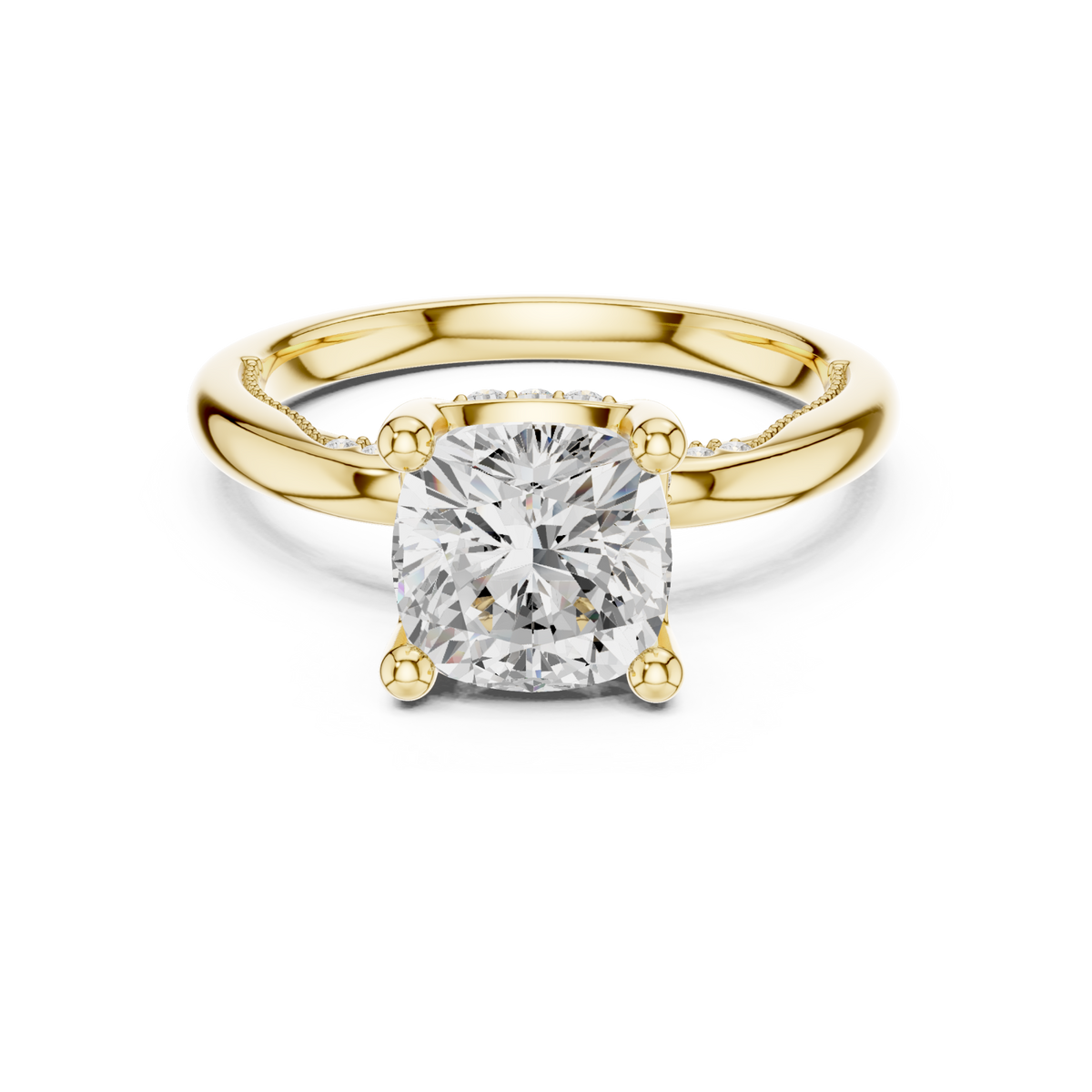 Cushion milgrain accent solitaire engagement ring yellow gold detail view