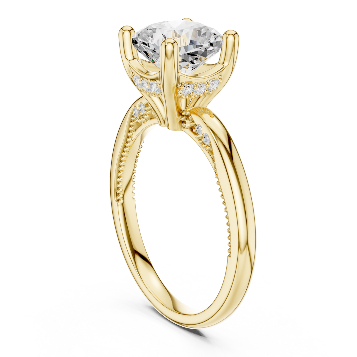 Cushion milgrain accent solitaire engagement ring yellow gold front view