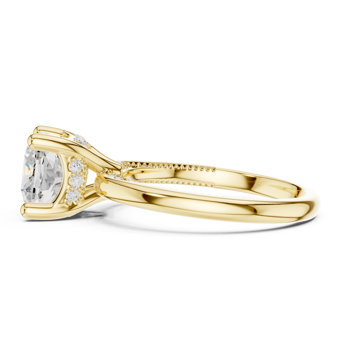 Cushion milgrain accent solitaire engagement ring yellow gold side view