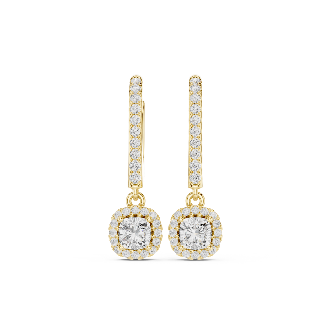 Gold Cushion Pave Bar Halo Drop Earrings Front View