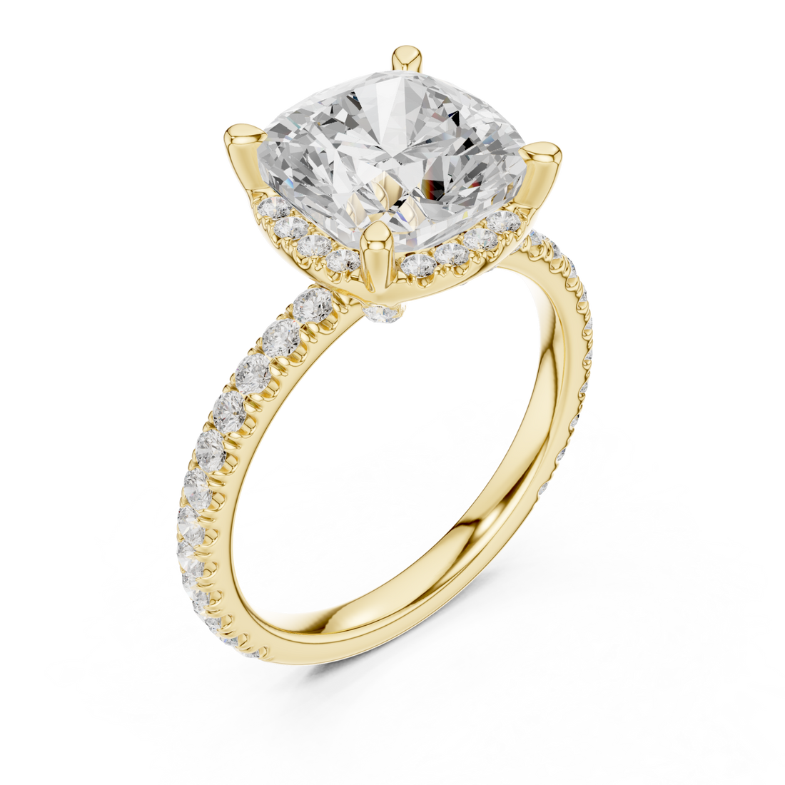 Cushion petal-prong hidden halo pave engagement ring yellow gold front view