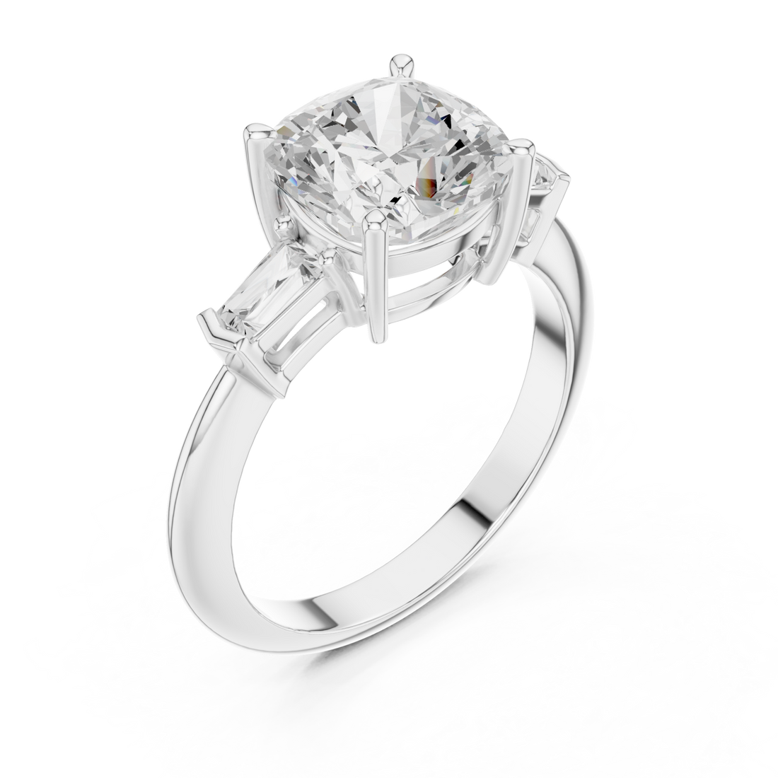 Cushion petite baguette three stone engagement ring white gold front view