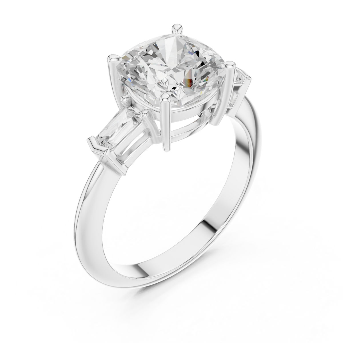 Cushion petite baguette three stone engagement ring white gold angle view