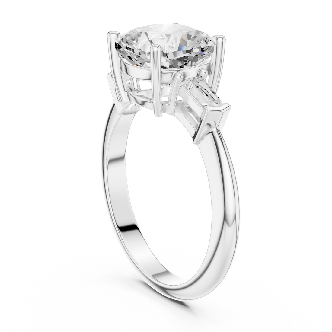 Cushion petite baguette three stone engagement ring white gold front view