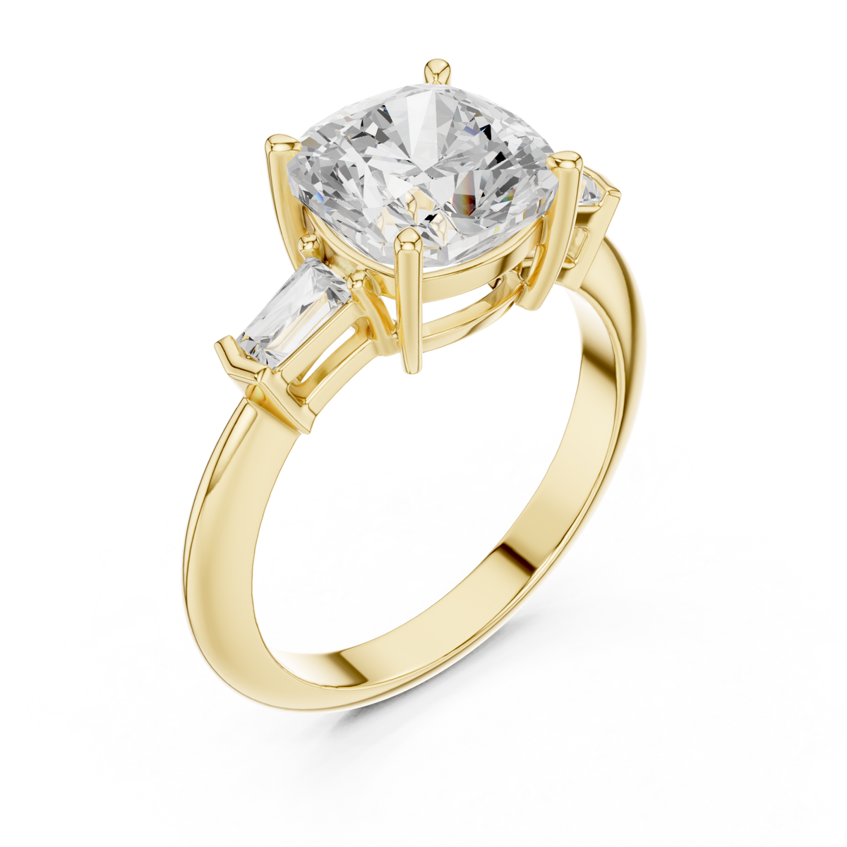 Cushion petite baguette three stone engagement ring yellow gold angle view