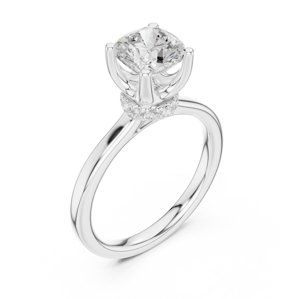Cushion petite hidden halo solitaire engagement ring white gold angle view