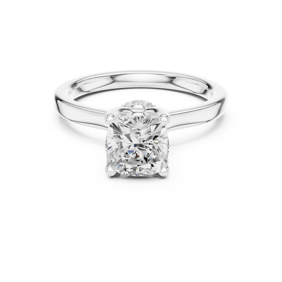 Cushion petite hidden halo solitaire engagement ring white gold detail view