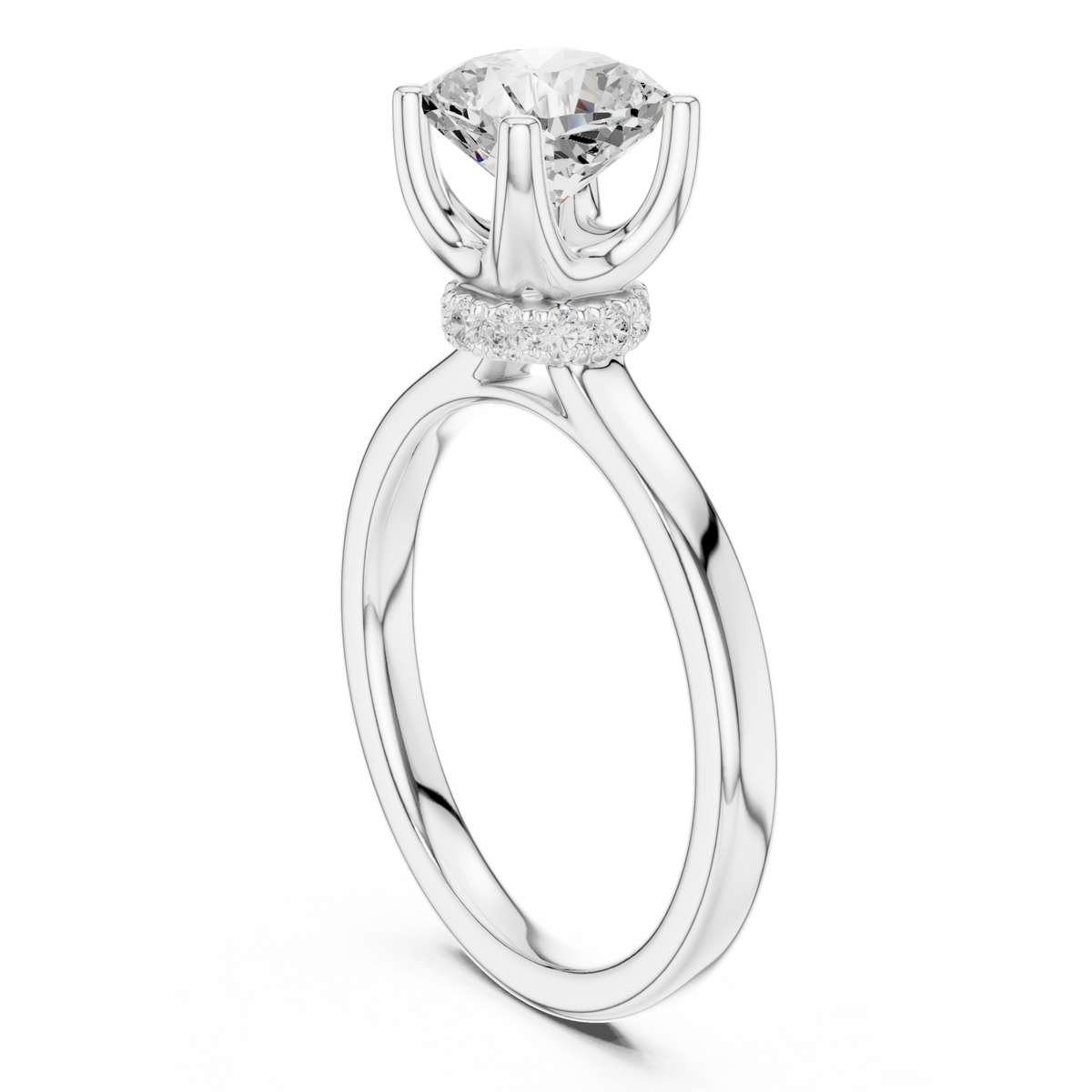 Cushion petite hidden halo solitaire engagement ring white gold front view