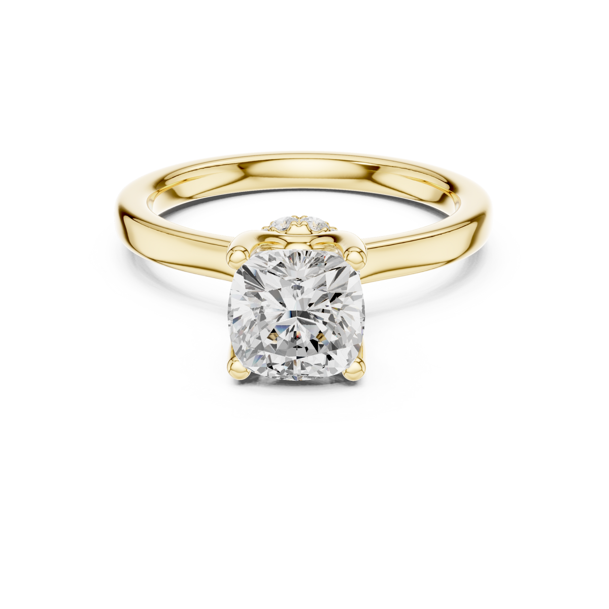 Cushion petite hidden halo solitaire engagement ring yellow gold detail view