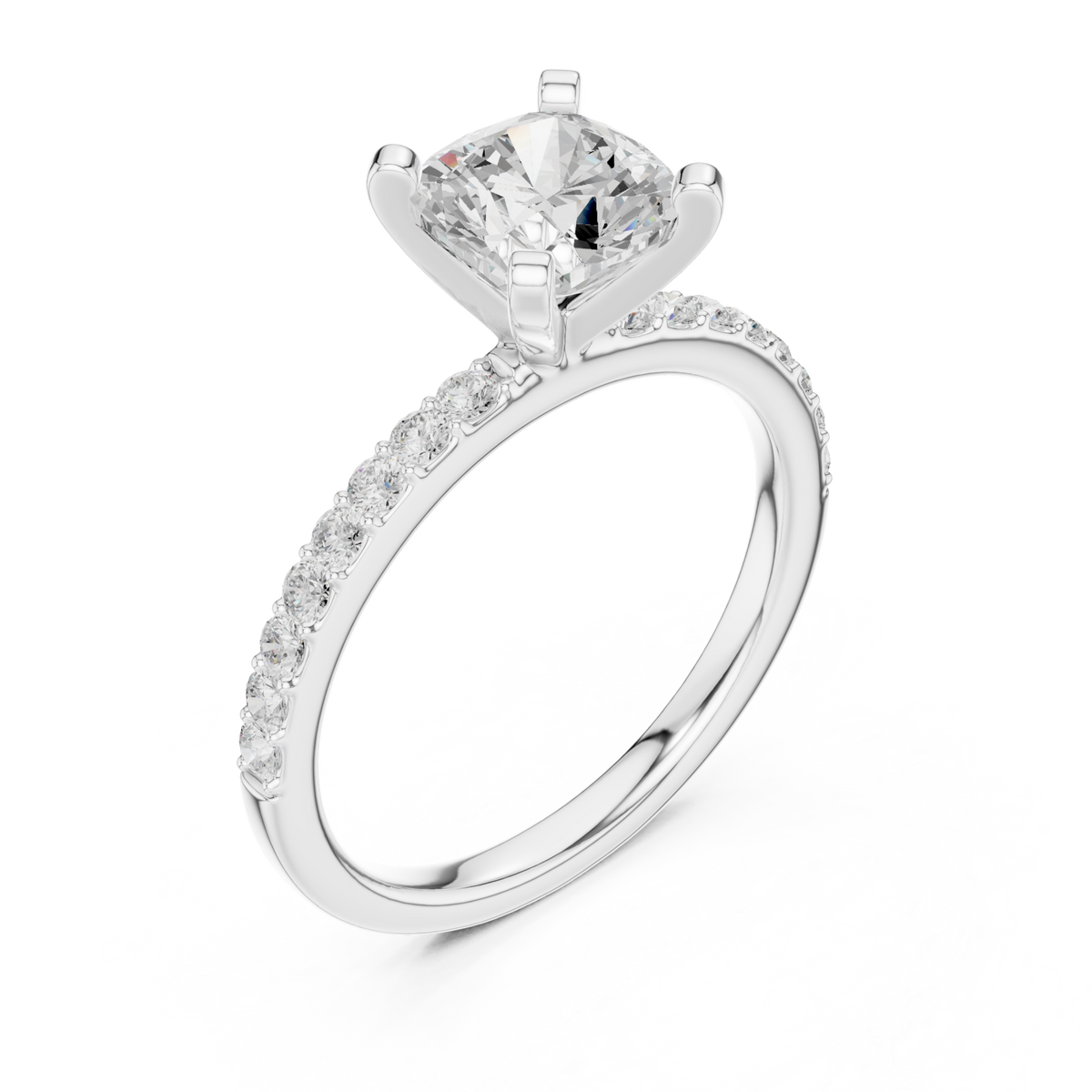 Cushion petite pave engagement ring white gold angle view