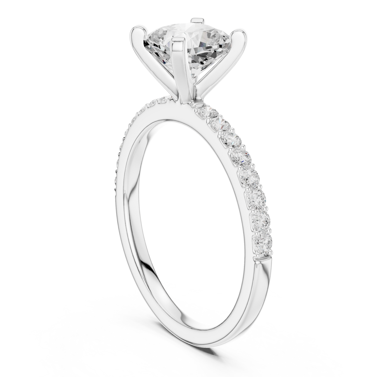 Cushion petite pave engagement ring white gold front view