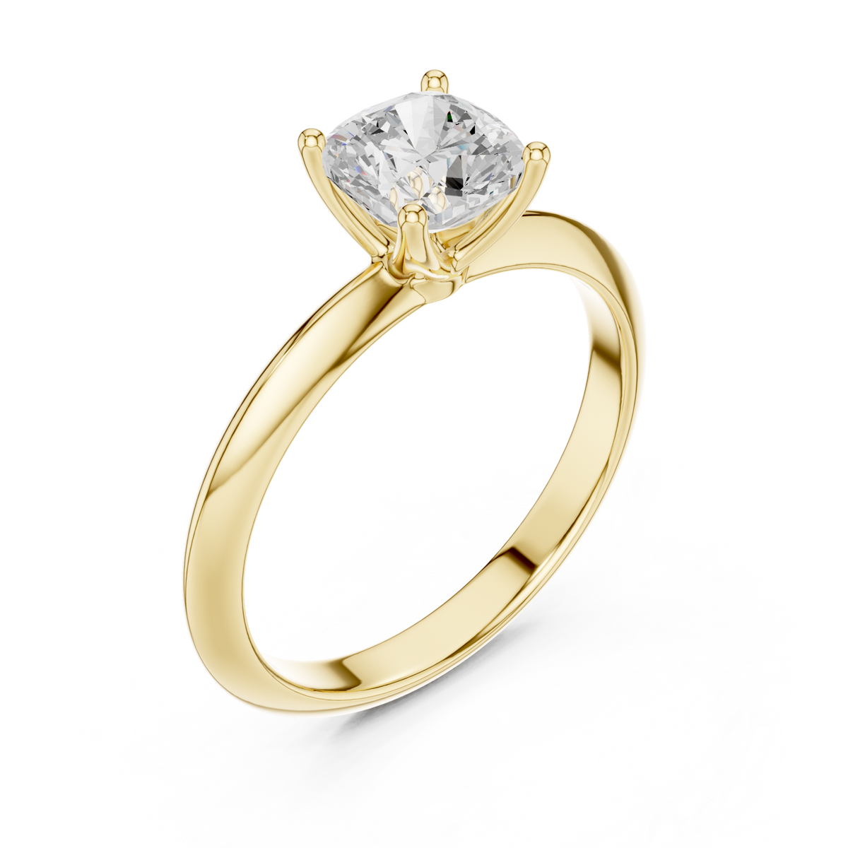 Cushion petite solitaire engagement ring yellow gold angle view