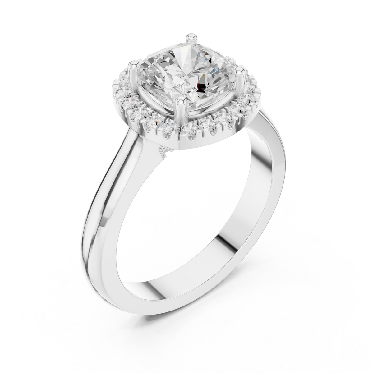 Cushion polished band halo engagement ring white gold angle view