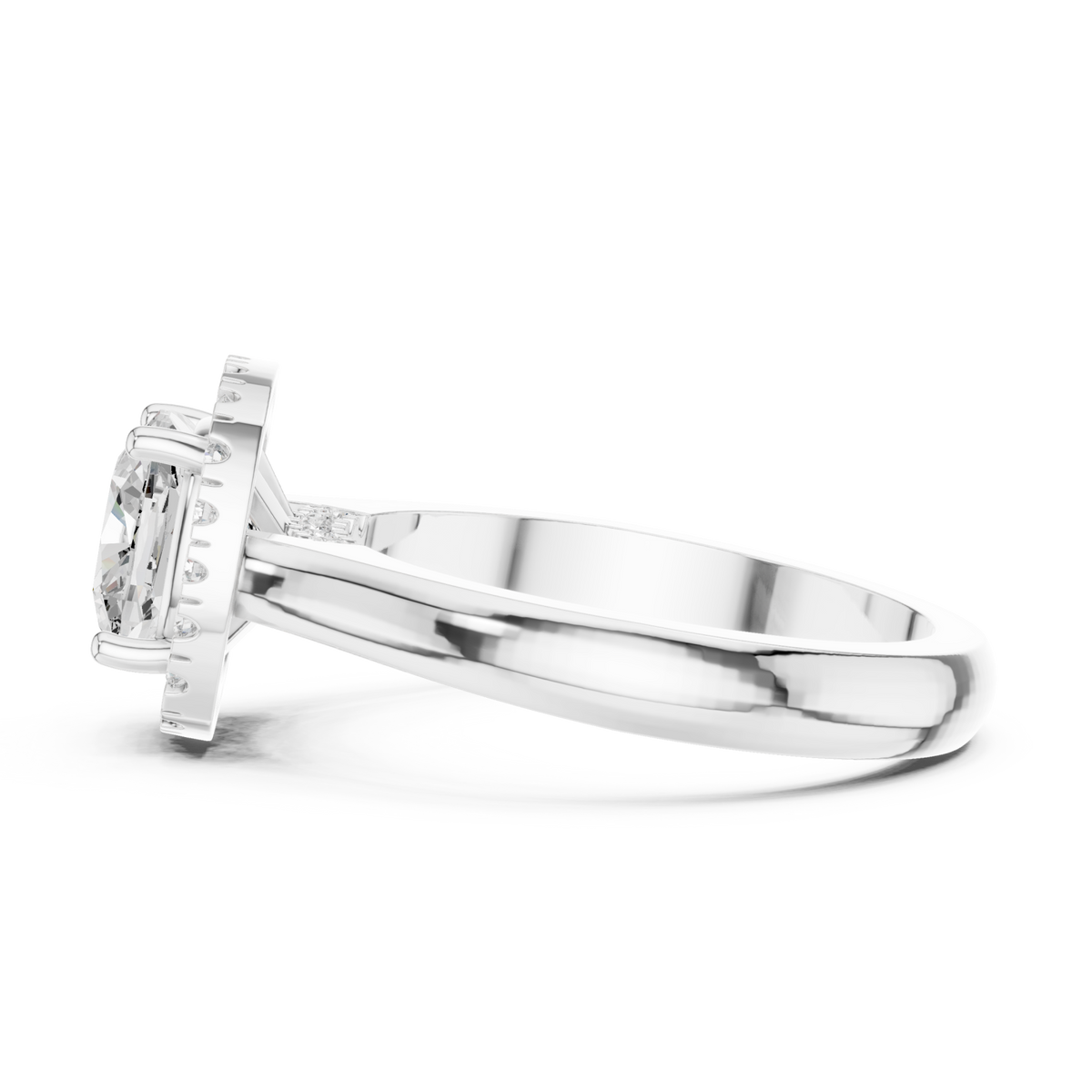 Cushion polished band halo engagement ring white gold side view