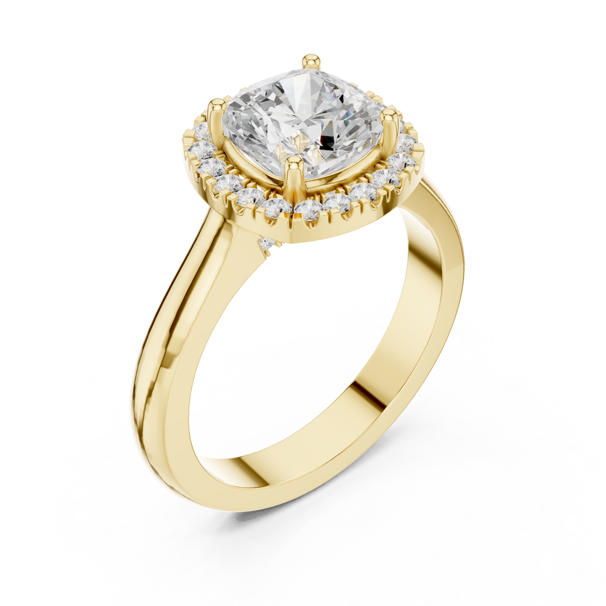 Cushion polished band halo engagement ring yellow gold angle view