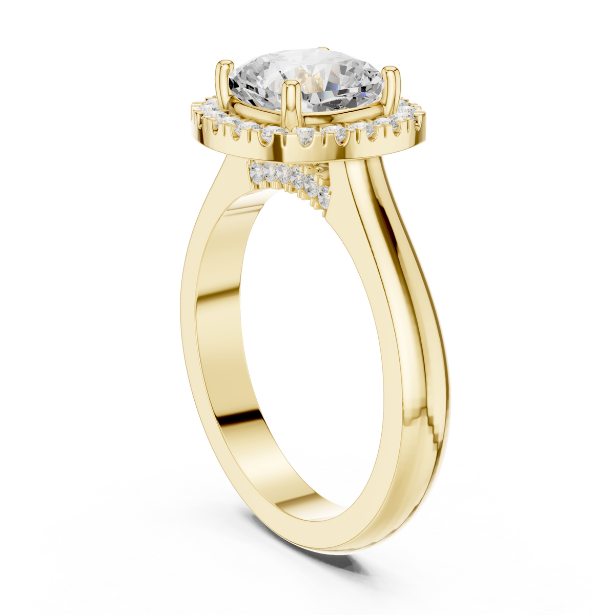Cushion polished band halo engagement ring yellow gold front view