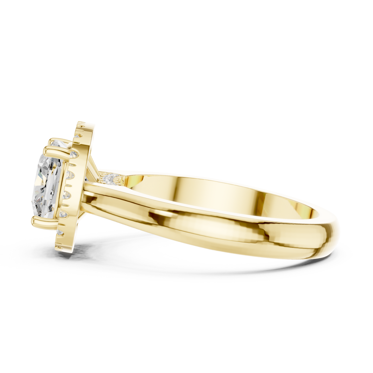 Cushion polished band halo engagement ring yellow gold side view