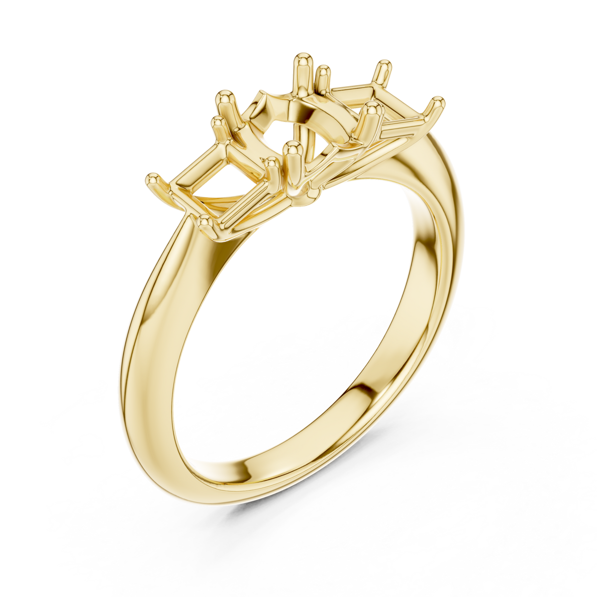 Cushion princess side three stone engagement ring yellow gold angle view