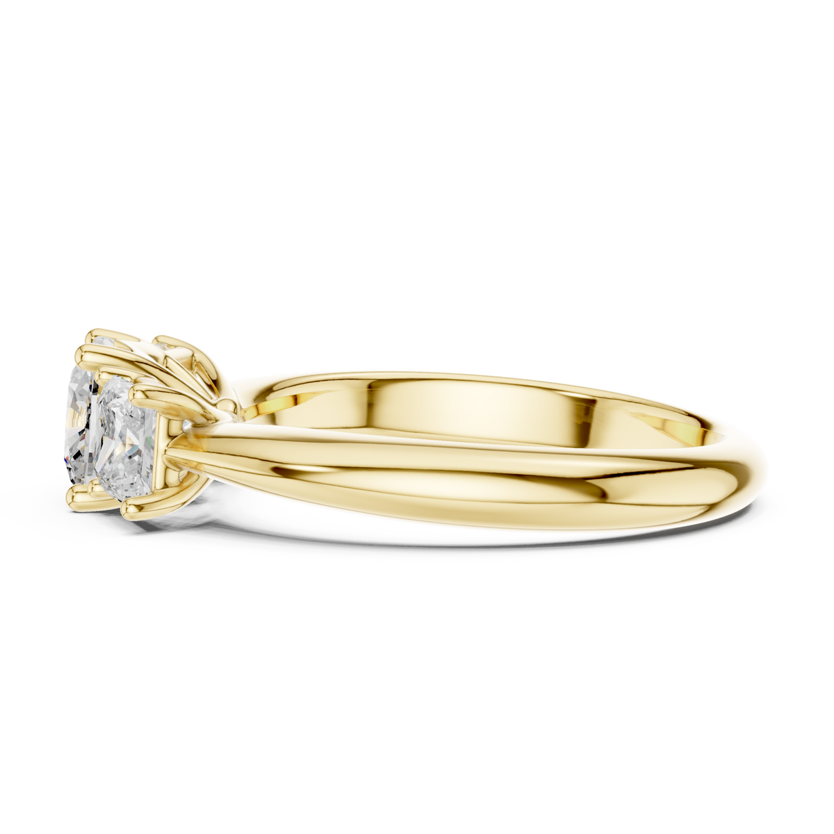 Cushion princess side three stone engagement ring yellow gold side view