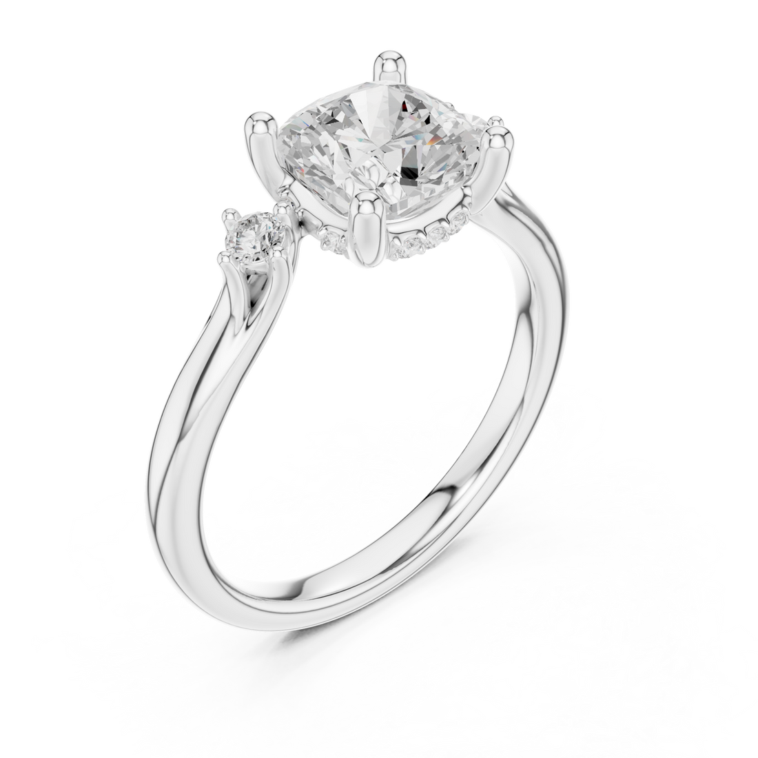 Cushion round accent three stone engagement ring white gold front view