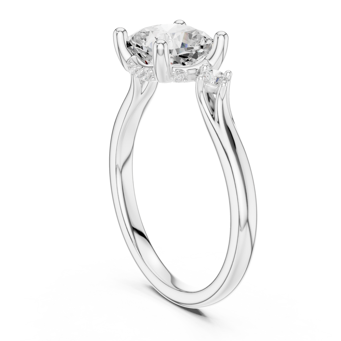 Cushion round accent three stone engagement ring white gold front view