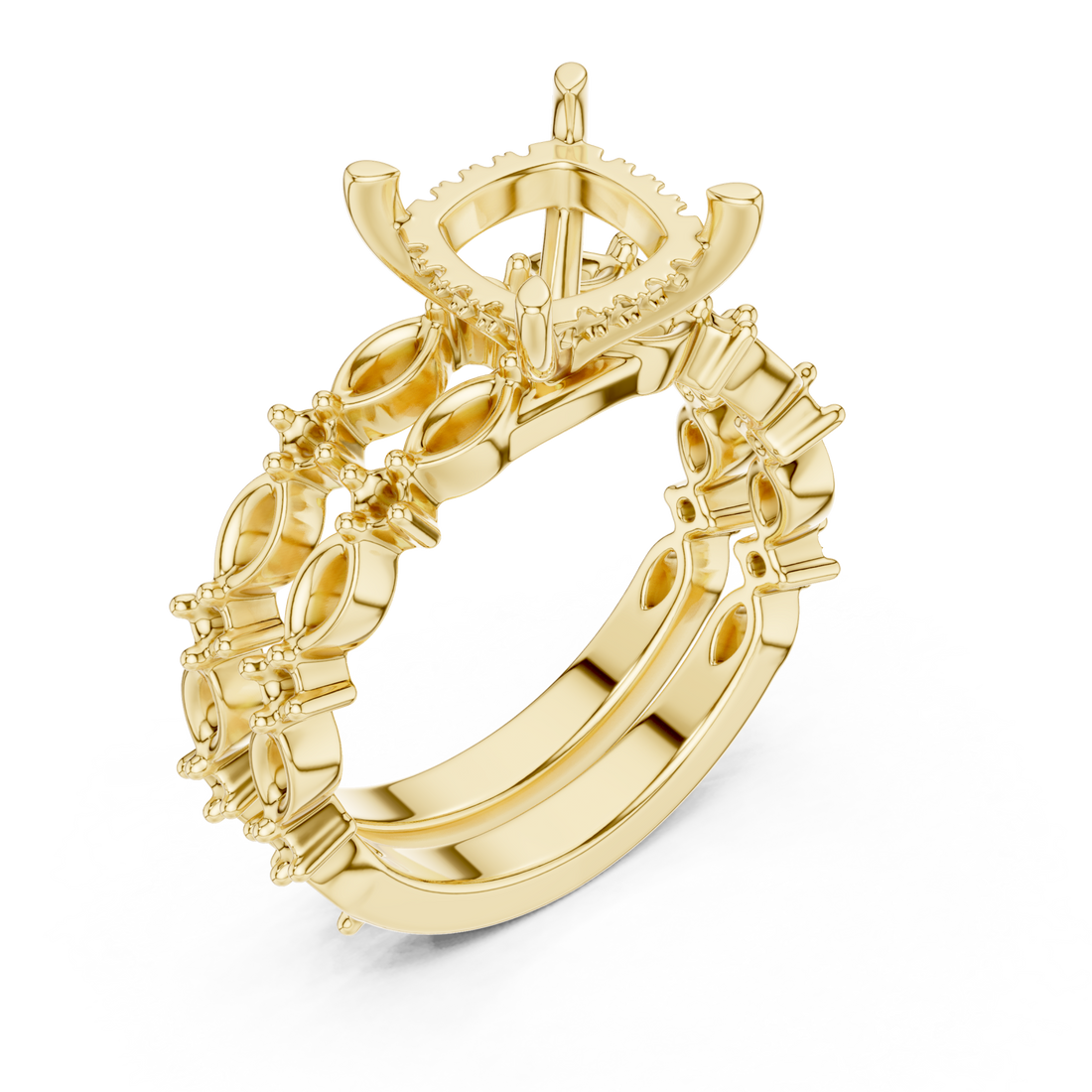 Cushion scalloped marquise bridal set yellow gold front view