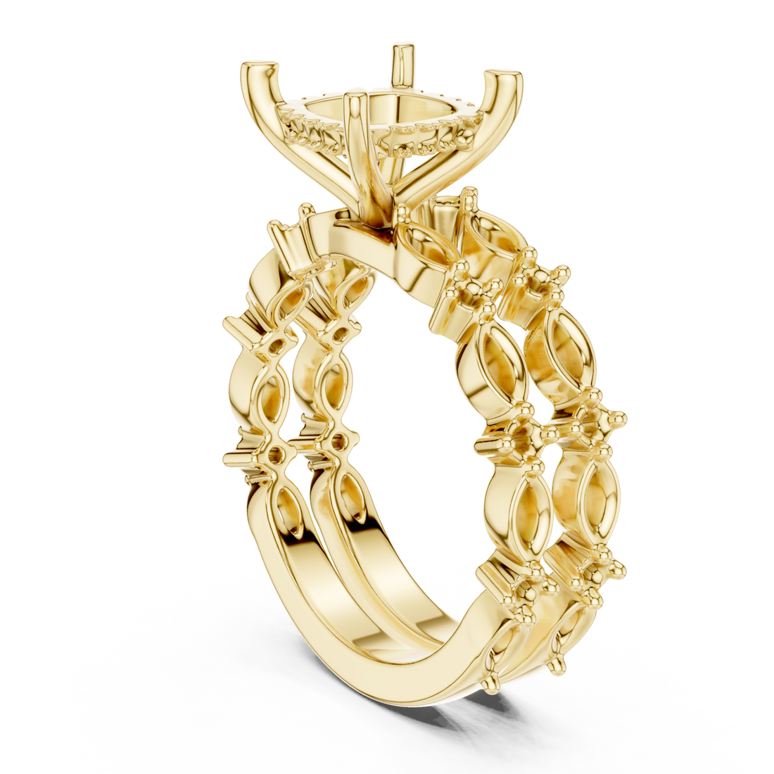 Cushion scalloped marquise bridal set yellow gold front view