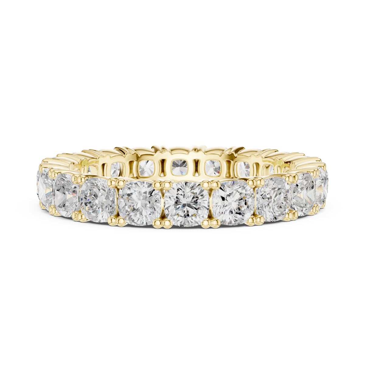 Cushion shared-prong full eternity band yellow gold angle view