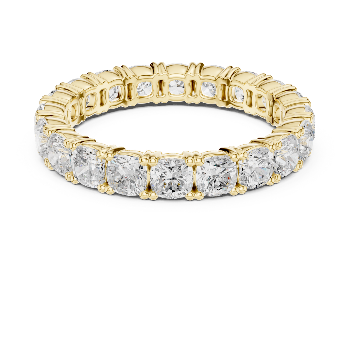 Cushion shared-prong full eternity band yellow gold detail view